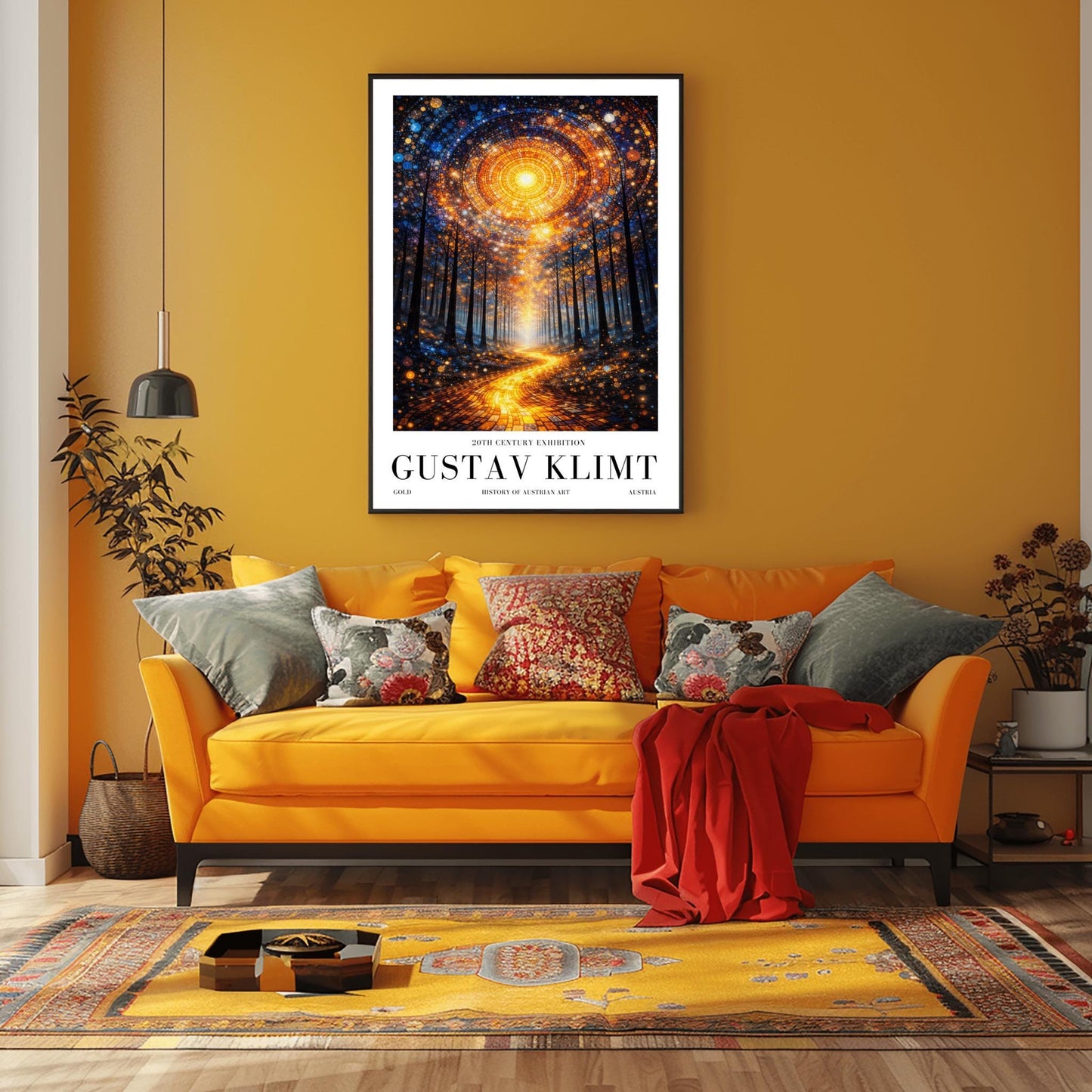 A vertical, highly detailed Art Nouveau illustration featuring a winding golden mosaic path leading through a dark forest toward a bright light. Above, a massive circular portal in the sky is made of intricate mosaic tiles in gold and blue. The scene is filled with shimmering golden stardust.