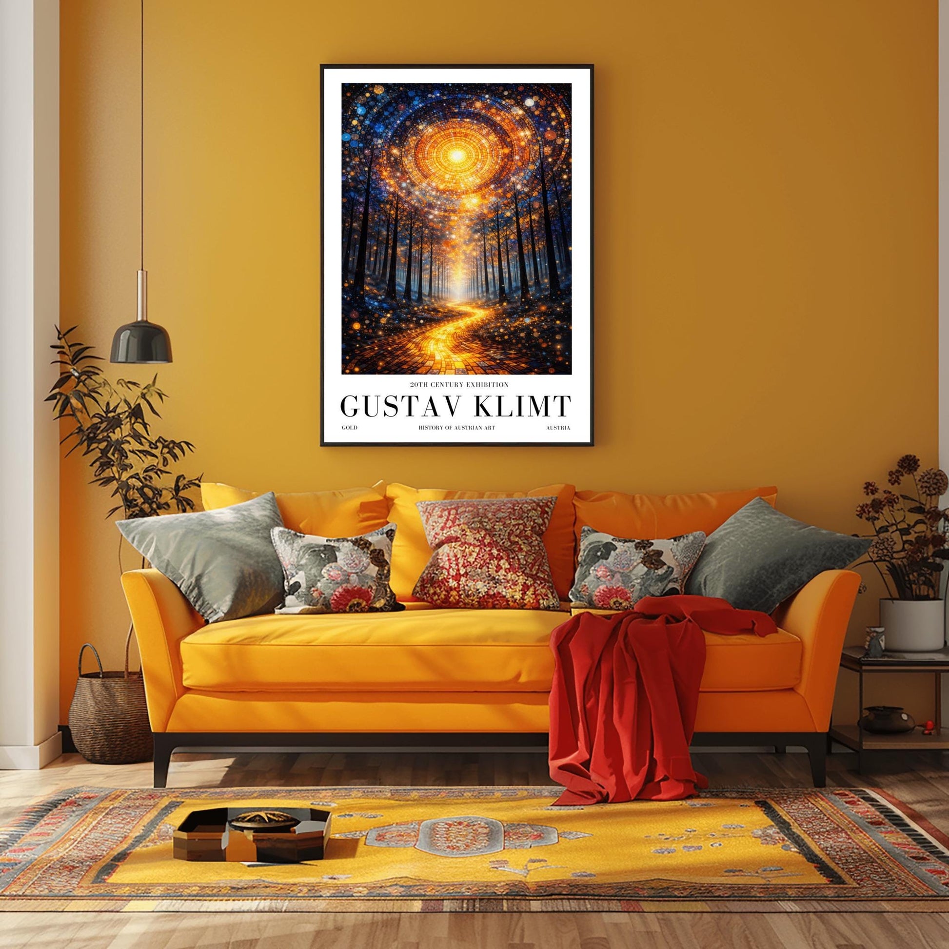 A vertical, highly detailed Art Nouveau illustration featuring a winding golden mosaic path leading through a dark forest toward a bright light. Above, a massive circular portal in the sky is made of intricate mosaic tiles in gold and blue. The scene is filled with shimmering golden stardust.