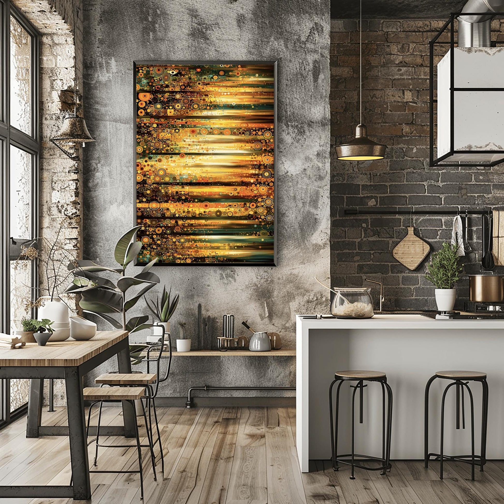 A horizontal abstract fine art print in the style of Gustav Klimt. The composition is made of horizontal bands of light and dark. Each band is filled with thousands of small mosaic circles and geometric patterns in shades of gold, amber, dark green, and teal. The center glows with a bright, sun-like yellow light.