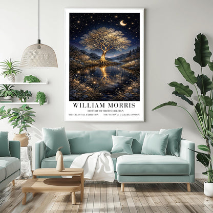 A vertical exhibition poster for "William Morris: History of British Design" at The National Gallery, London. The artwork features a large, glowing golden tree with intricate branches on a small island in the center of a river. The gold of the tree reflects vividly in the dark water below. A crescent moon and shooting star appear in a dark navy sky filled with many small stars. The scene is framed by golden wildflowers and dark hills. Bold black text at the bottom provides the exhibition details