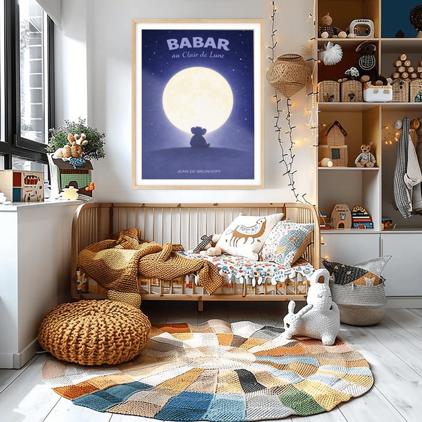 A vertical children's illustration poster titled "BABAR au Clair de Lune" in light blue. The scene shows the dark silhouette of an elephant (Babar) wearing a crown, sitting on a dark hill. A large, bright white full moon is centered behind him. The sky is a deep indigo blue filled with many small, twinkling white stars. The name "JEAN DE BRUNHOFF" is at the bottom.