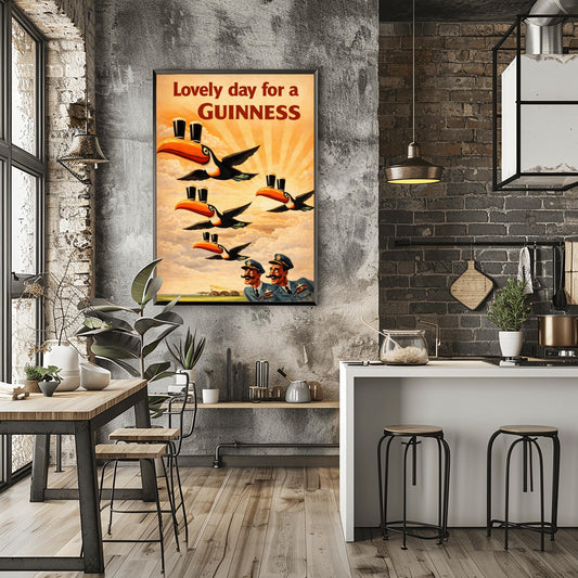 A vertical vintage-style advertising poster for Guinness. Four toucans fly through a sepia-toned sky with sunbeams, each balancing two pints of beer on its beak. Two surprised pilots in blue uniforms look up from the bottom right. Red text at the top reads "Lovely day for a GUINNESS."
