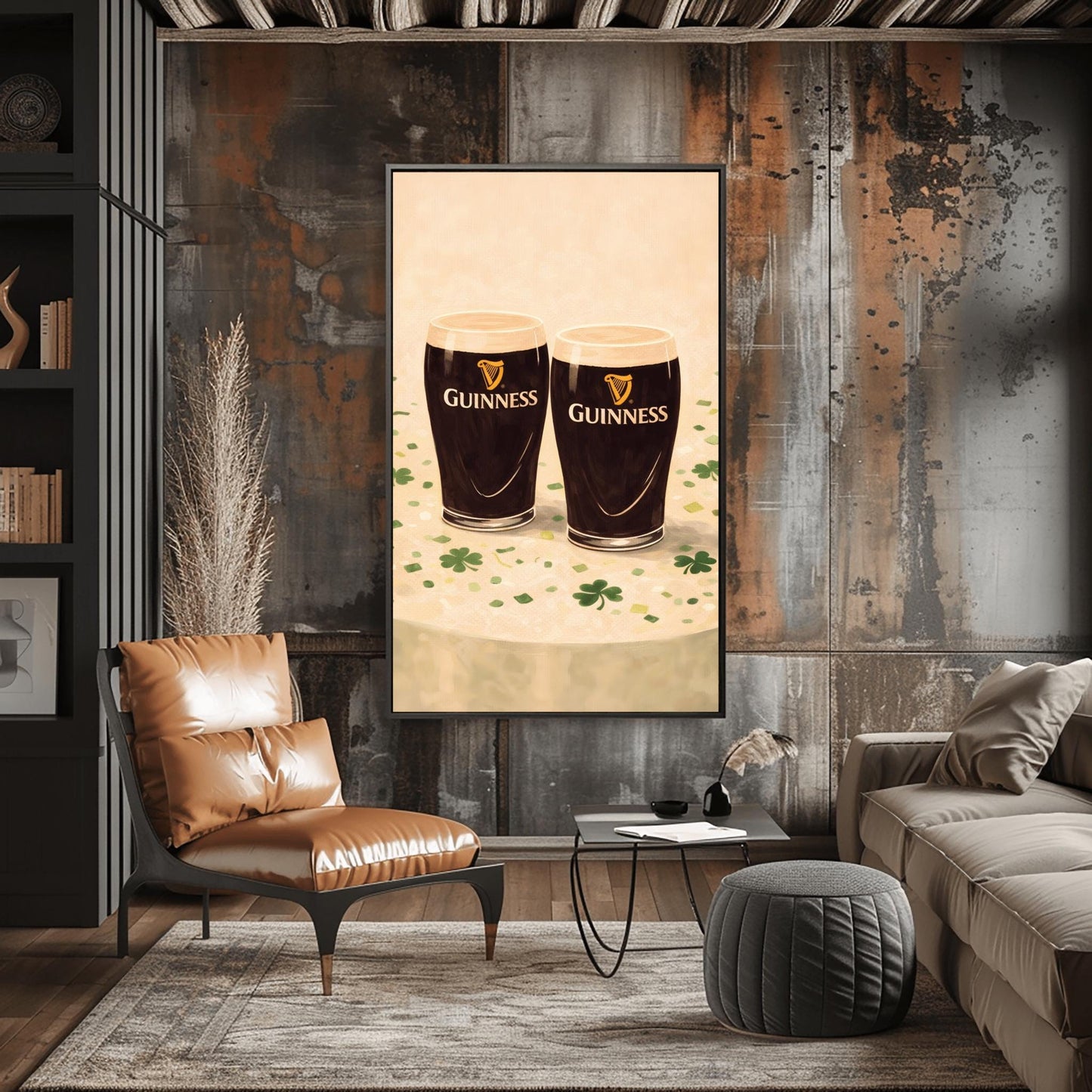 A vertical illustration of two pints of Guinness stout sitting side-by-side on a light cream surface. Green shamrocks and confetti are scattered around the base of the glasses. The pints feature the golden harp logo. The overall style is painterly and warm.