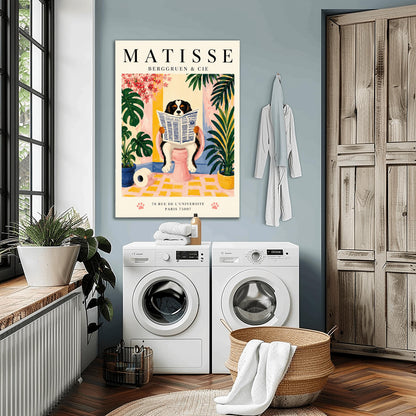 A vertical vintage-style exhibition poster on a cream background titled "MATISSE BERGGRUEN & CIE" in bold black font. The main gouache-style illustration depicts a tricolor black, white, and tan Cavalier King Charles Spaniel sitting on a pink toilet. The dog is holding and reading a blue-and-white French newspaper titled "LE JOURNAL". The bathroom scene includes a roll of toilet paper on a yellow checkered floor, potted monstera and palm plants