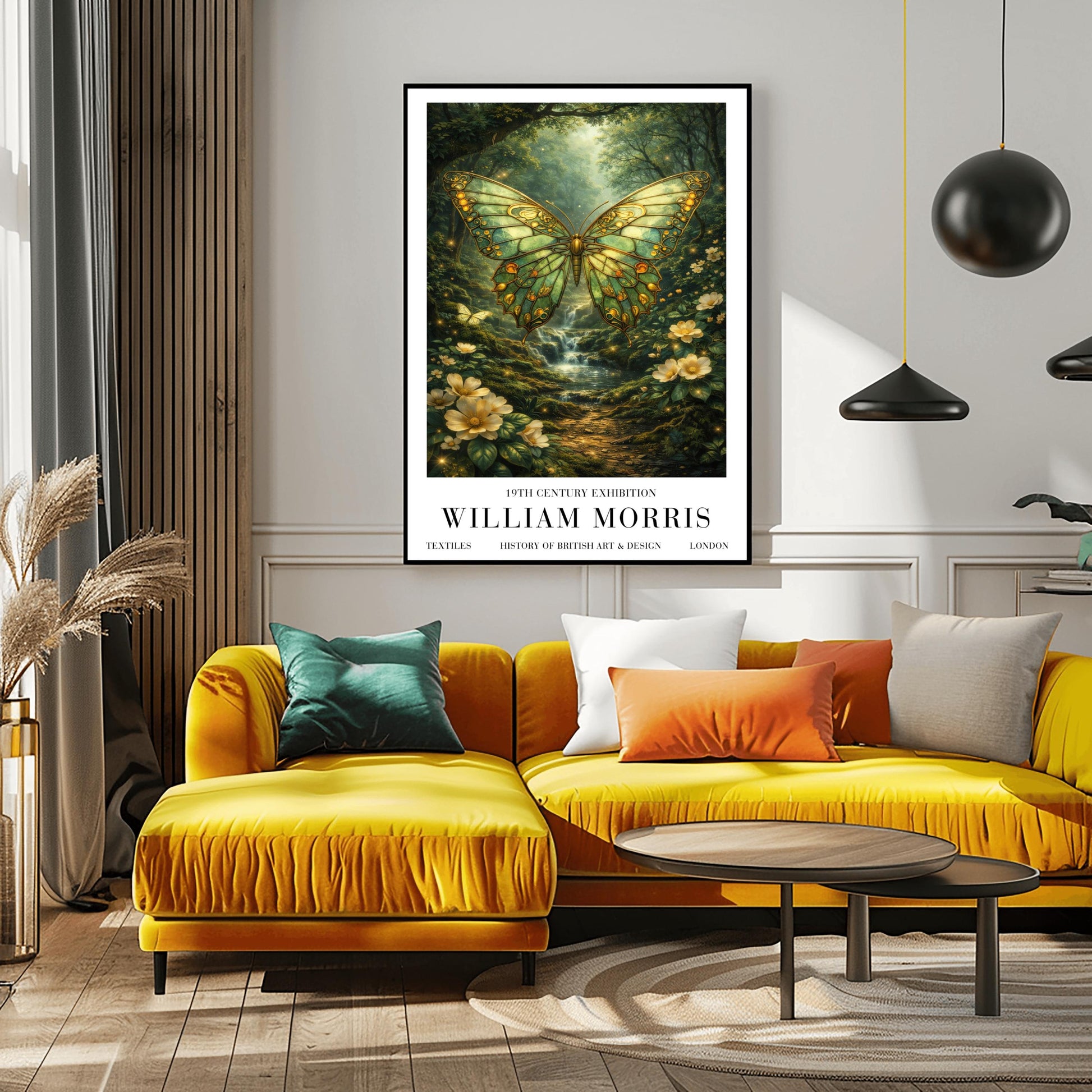 A vertical exhibition poster titled "WILLIAM MORRIS: 19th Century Exhibition". The central artwork features a large butterfly with intricate emerald and gold wings that resemble stained glass. It hovers over a lush forest scene with a small waterfall, sunlight streaming through the trees, and white flowers in the foreground. The bottom features a clean white border with bold black text reading "TEXTILES," "HISTORY OF BRITISH ART & DESIGN," and "LONDON".