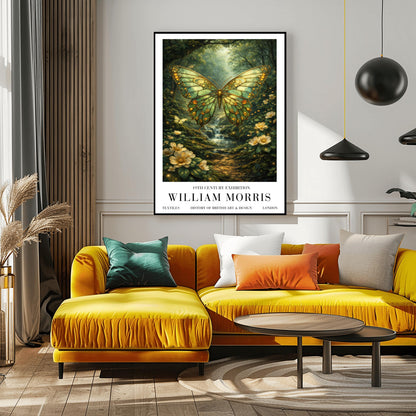 A vertical exhibition poster titled "WILLIAM MORRIS: 19th Century Exhibition". The central artwork features a large butterfly with intricate emerald and gold wings that resemble stained glass. It hovers over a lush forest scene with a small waterfall, sunlight streaming through the trees, and white flowers in the foreground. The bottom features a clean white border with bold black text reading "TEXTILES," "HISTORY OF BRITISH ART & DESIGN," and "LONDON".