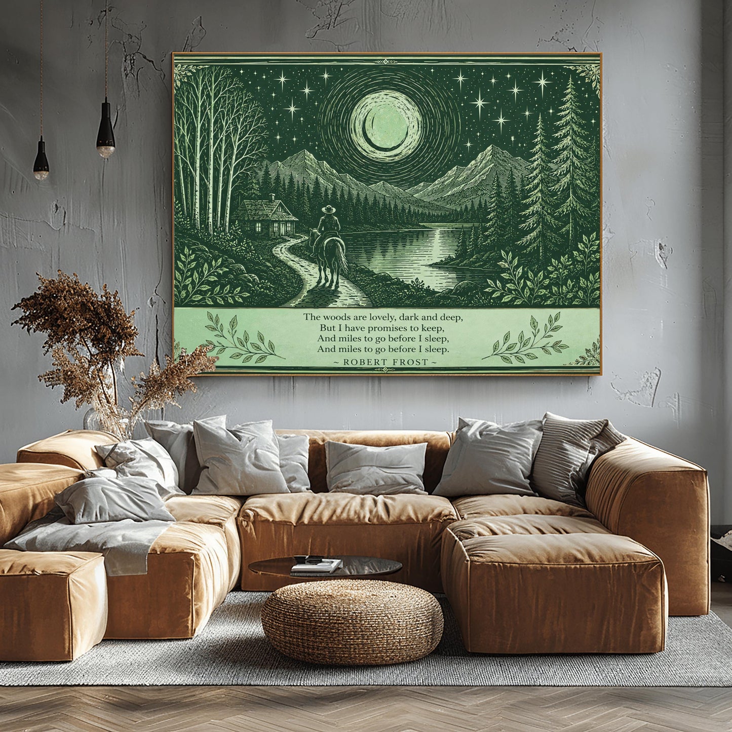 Robert Frost Art, Poetry Wall Decor, Woodcut Landscape, Dark Green Art, Mountain Lake Print, Literature Gift, Snowy Evening Poem, Rustic Home Decor, Celestial Art, Horseback Rider, Starry Night Sky, Cabin in Woods, Vintage Style Poster.