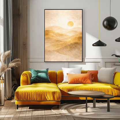 A vertical minimalist landscape in Art Nouveau style. Rolling desert dunes in shades of beige and tan are highlighted with shimmering golden dust on their ridges. A circular golden sun hangs in a hazy, textured cream sky.