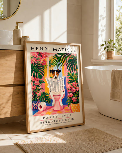 A vertical vintage-style art exhibition poster titled "HENRI MATISSE" at the top and "PARIS 1953 BERGGRUEN & CIE" at the bottom. The center illustration shows a tri-color Jack Russell Terrier dog sitting on a pink toilet inside a bright pink and yellow bathroom, reading a newspaper titled "DAILY BARK". The background features an open arch window with a tropical palm tree, large green leaves, bright pink flowers, and a roll of toilet paper on the floor.