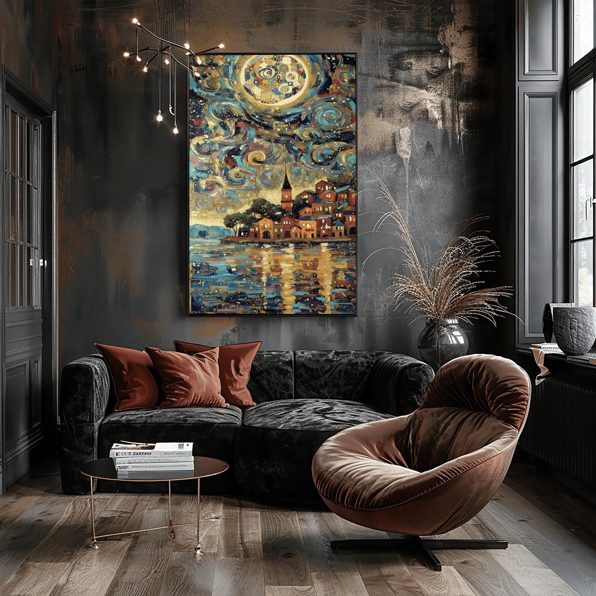 A vertical, highly detailed painting in the style of Gustav Klimt. A seaside village with warm orange and red houses sits on a coastline. The sky is a dark blue swirl of mosaic patterns, circles, and a large golden moon. The water in the foreground reflects the lights of the houses and the sky in shimmering golden and blue horizontal brushstrokes. The style is rich in texture with heavy gold accents.