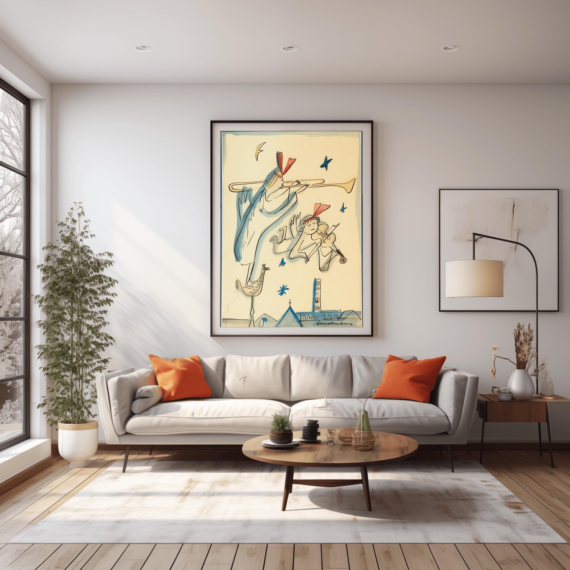 A vertical minimalist children's fine art exhibition print inspired by Ludwig Bemelmans, featuring a wide white border layout. In the center, a group of whimsical winged angels wearing dark jackets and white collars are illustrated playing horns and marching across a warm mustard yellow floor against a solid white background. The print features loose black ink line weights and a faint green botanical outline in the background.
