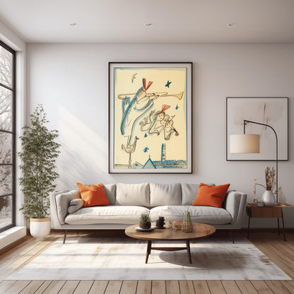 A vertical minimalist children's fine art exhibition print inspired by Ludwig Bemelmans, featuring a wide white border layout. In the center, a group of whimsical winged angels wearing dark jackets and white collars are illustrated playing horns and marching across a warm mustard yellow floor against a solid white background. The print features loose black ink line weights and a faint green botanical outline in the background.