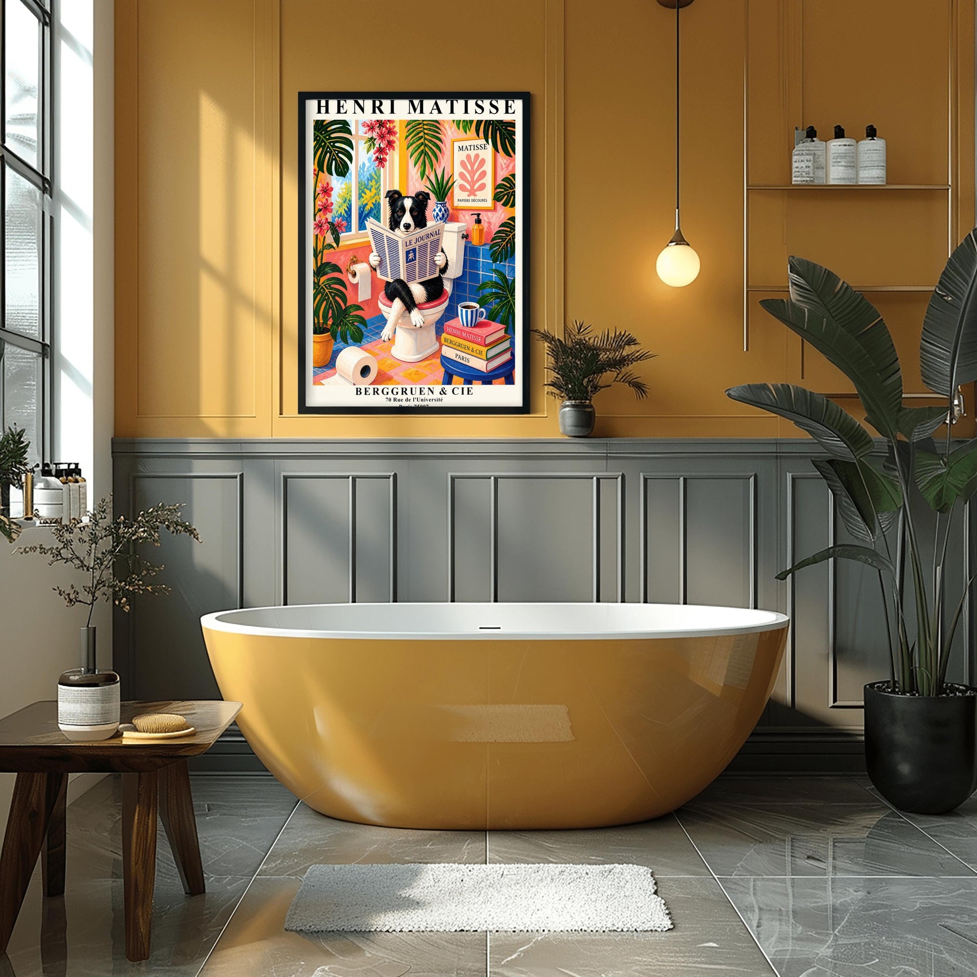 A vertical maximalist art print designed as a Henri Matisse exhibition poster. A black and white Border Collie is sitting on a white toilet with its legs crossed, holding and reading a newspaper titled "Le Journal." The bathroom is vibrantly colored with pink walls, blue wall tiles, and a pink and yellow checkered floor. The room is filled with large green tropical plants and red flowers. A stack of art books and a striped mug sit on a blue stool.
