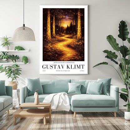 A vertical exhibition poster for Gustav Klimt. A glowing golden path winds through a dark, moody forest at night. Ornate trees with golden mosaic patterns frame the scene. Below the art, bold black text reads "GUSTAV KLIMT" and "20th Century Exhibition."
