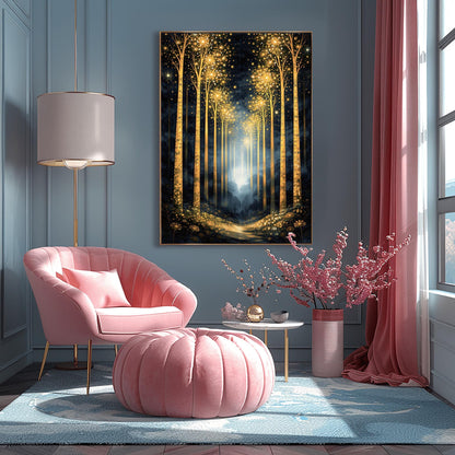A vertical full-bleed illustration of a birch forest at night in the style of Gustav Klimt. The slender trunks are covered in golden patterns, and the tops of the trees explode into golden sparks and stars. A glowing golden path leads into a misty blue distance.