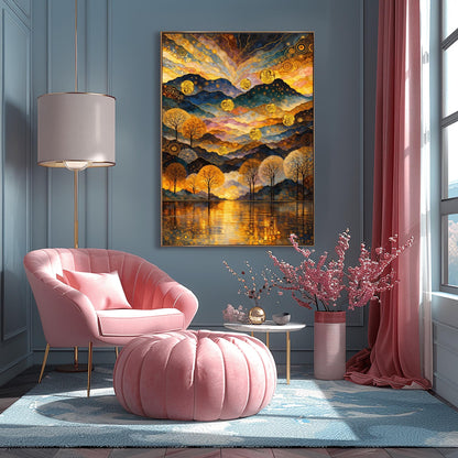 A vertical fine art print in the style of Gustav Klimt. A mountain range is made of rhythmic, undulating layers of blue, purple, and gold with mosaic patterns. Seven large golden spheres float in the air. The sky features swirling golden clouds and stars. In the foreground, a line of golden trees stands before a lake reflecting golden light.