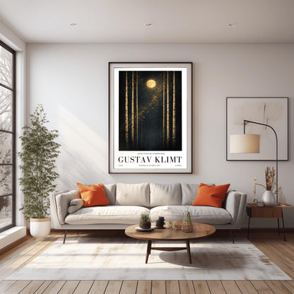 A vertical museum exhibition poster featuring six slender birch trees against a dark sky. A golden moon and a diagonal trail of stardust are centered at the top. Below the art, the text reads "20th Century Exhibition," "GUSTAV KLIMT," and "History of Austrian Art" in black serif font.