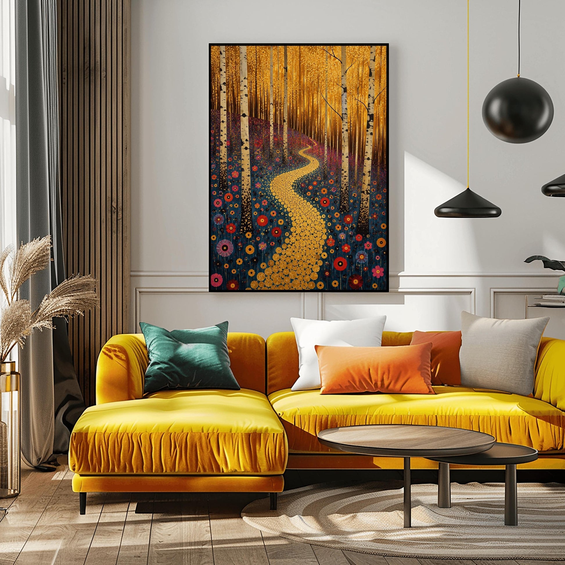 A vertical canvas landscape painting in the style of Gustav Klimt. A winding path made of small, glittering gold circular mosaic tiles snakes from the foreground up a forest hill. Slender white and black birch tree trunks stand vertically across the landscape. The hillside ground is dark navy blue and covered in round, target-shaped flowers in shades of red, orange, and pink. The top third of the painting is a dense, shimmering canopy of tiny golden-yellow autumn leaves.