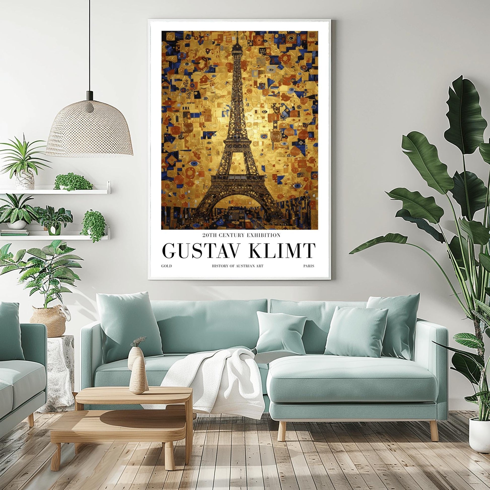 A vertical museum exhibition poster in the style of Gustav Klimt. The Eiffel Tower in Paris is rendered in a dark structural style against a sky made of a dense golden mosaic of squares, tiles, and blue "eye" symbols. Bold black text at the bottom reads "GUSTAV KLIMT" and "PARIS."