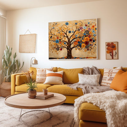 A horizontal fine art print in the style of Gustav Klimt. A large tree with dark branches that curl into golden spirals fills the frame. The tree is decorated with a variety of colorful blue, orange, and red flowers and small black birds. The background is a warm cream color with faint, swirling patterns.