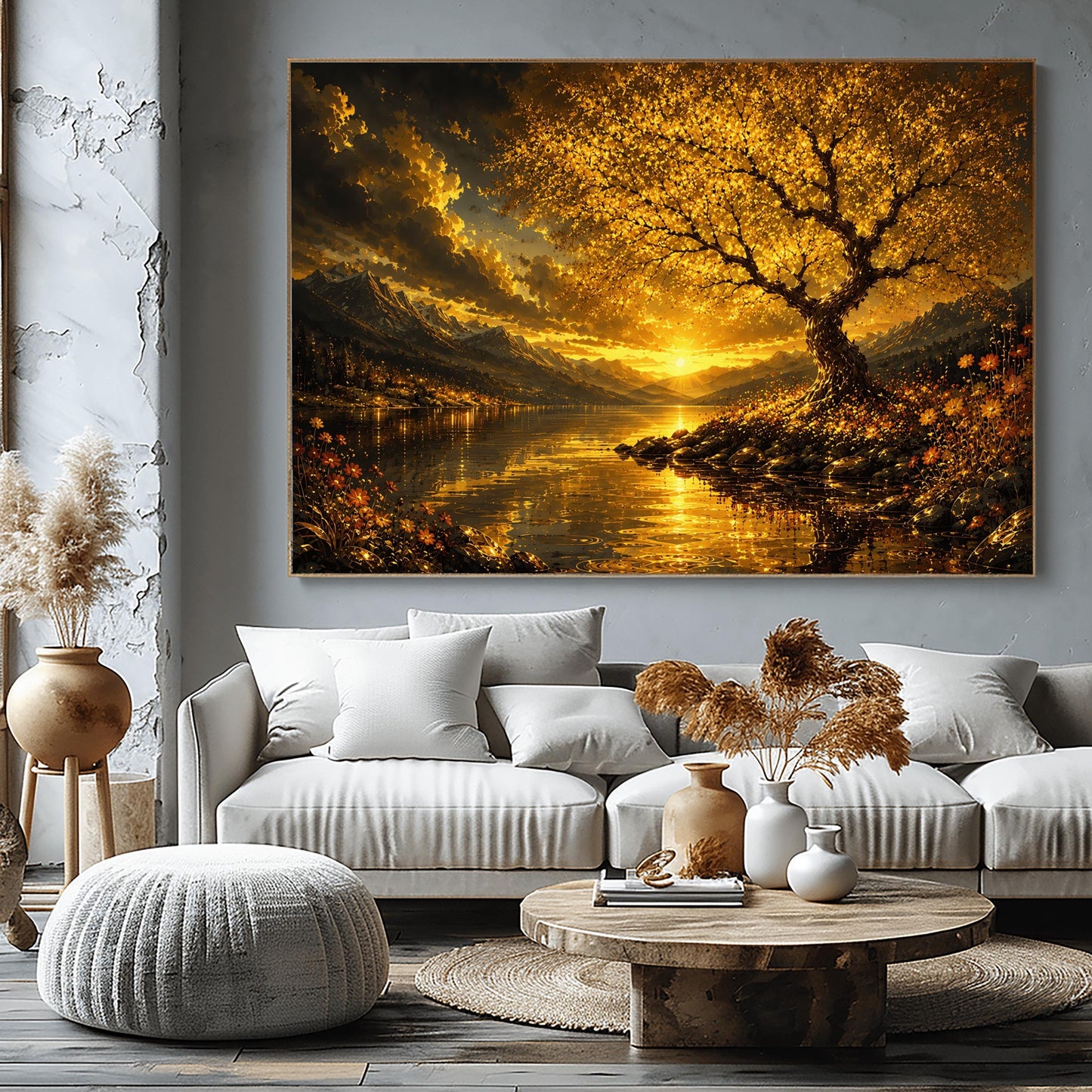 A horizontal landscape print in the style of Gustav Klimt, depicting a dramatic mountain sunset over a reflective lake. On the right shoreline, a large, detailed tree with shimmering golden mosaic leaves arches over the water. Golden wildflowers grow on the ground below the tree. The sun sits low on the horizon between dark, heavy clouds and sharp mountain peaks, casting a bright orange and gold reflection across the rippling water.