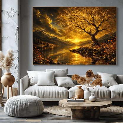 A horizontal landscape print in the style of Gustav Klimt, depicting a dramatic mountain sunset over a reflective lake. On the right shoreline, a large, detailed tree with shimmering golden mosaic leaves arches over the water. Golden wildflowers grow on the ground below the tree. The sun sits low on the horizon between dark, heavy clouds and sharp mountain peaks, casting a bright orange and gold reflection across the rippling water.