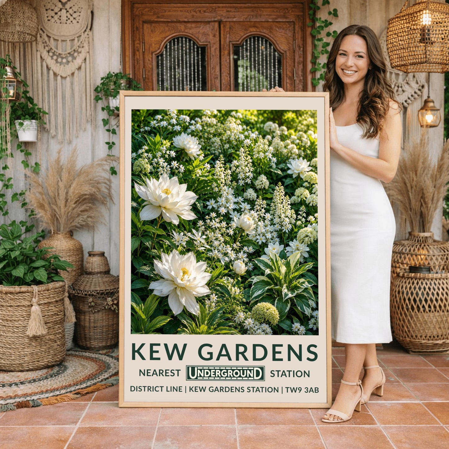 A vertical retro London Underground travel poster for Kew Gardens on a wide cream border. The top image shows a close-up, highly detailed illustration of a dense summer garden border entirely filled with white flowers. Two large, fully bloomed white dahlias with soft yellow centers dominate the lower left side. The background is packed with starry white wildflowers, vertical white flower spires, round chartreuse hydrangeas, and variegated green-and-white leaves.