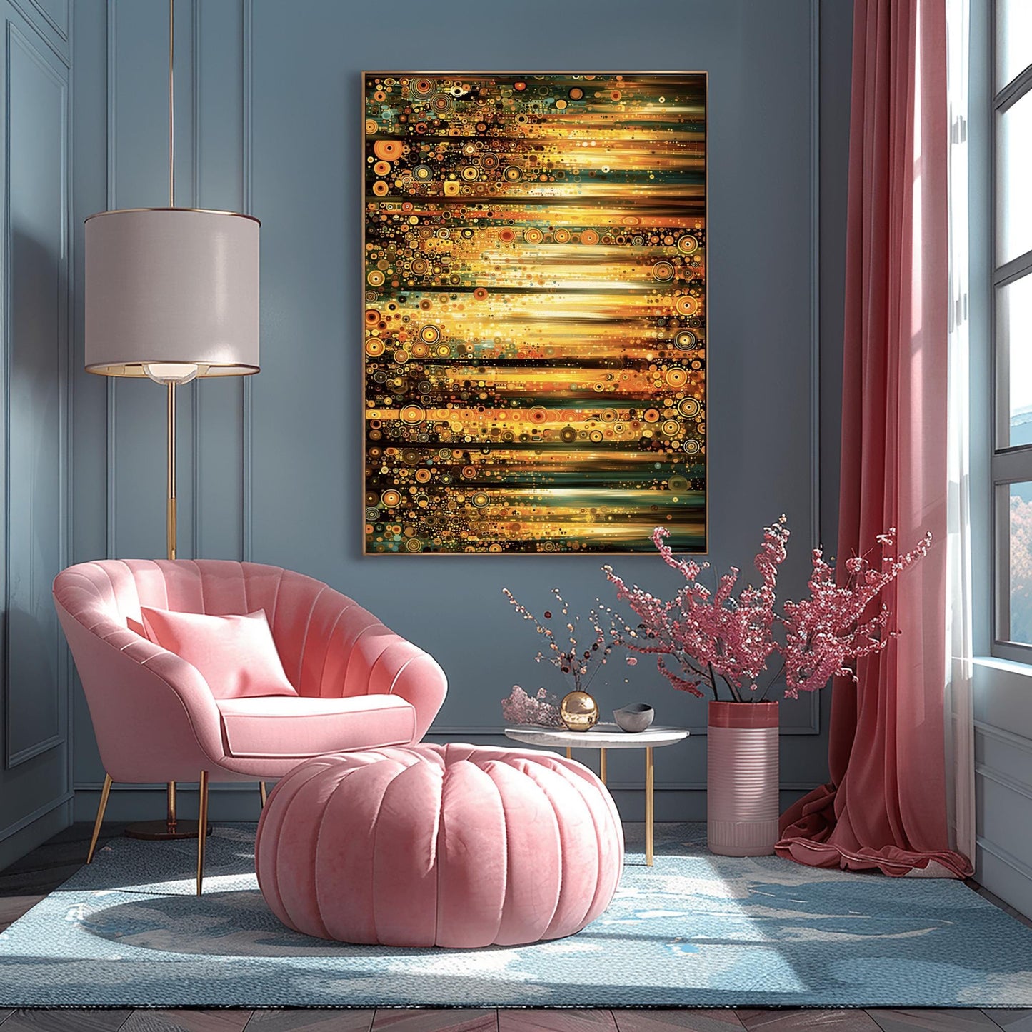 A horizontal abstract fine art print in the style of Gustav Klimt. The composition is made of horizontal bands of light and dark. Each band is filled with thousands of small mosaic circles and geometric patterns in shades of gold, amber, dark green, and teal. The center glows with a bright, sun-like yellow light.