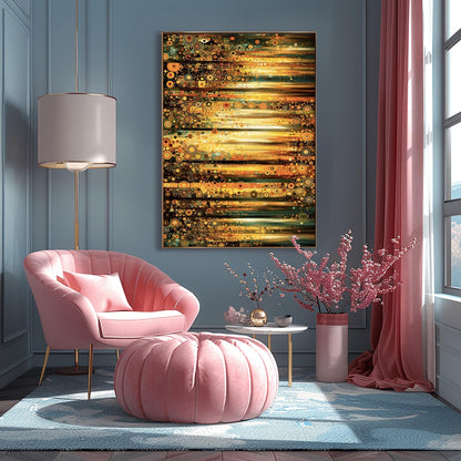 A horizontal abstract fine art print in the style of Gustav Klimt. The composition is made of horizontal bands of light and dark. Each band is filled with thousands of small mosaic circles and geometric patterns in shades of gold, amber, dark green, and teal. The center glows with a bright, sun-like yellow light.