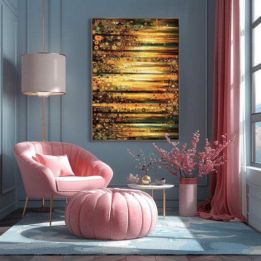 A horizontal abstract fine art print in the style of Gustav Klimt. The composition is made of horizontal bands of light and dark. Each band is filled with thousands of small mosaic circles and geometric patterns in shades of gold, amber, dark green, and teal. The center glows with a bright, sun-like yellow light.