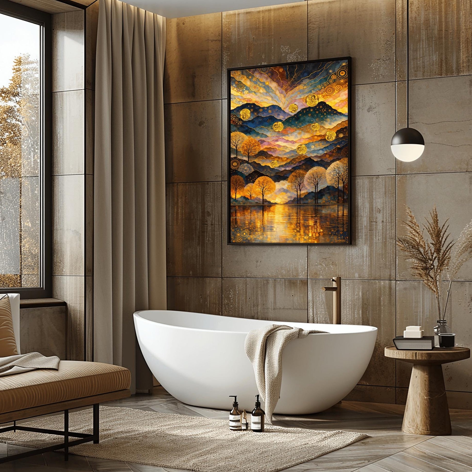A vertical fine art print in the style of Gustav Klimt. A mountain range is made of rhythmic, undulating layers of blue, purple, and gold with mosaic patterns. Seven large golden spheres float in the air. The sky features swirling golden clouds and stars. In the foreground, a line of golden trees stands before a lake reflecting golden light.