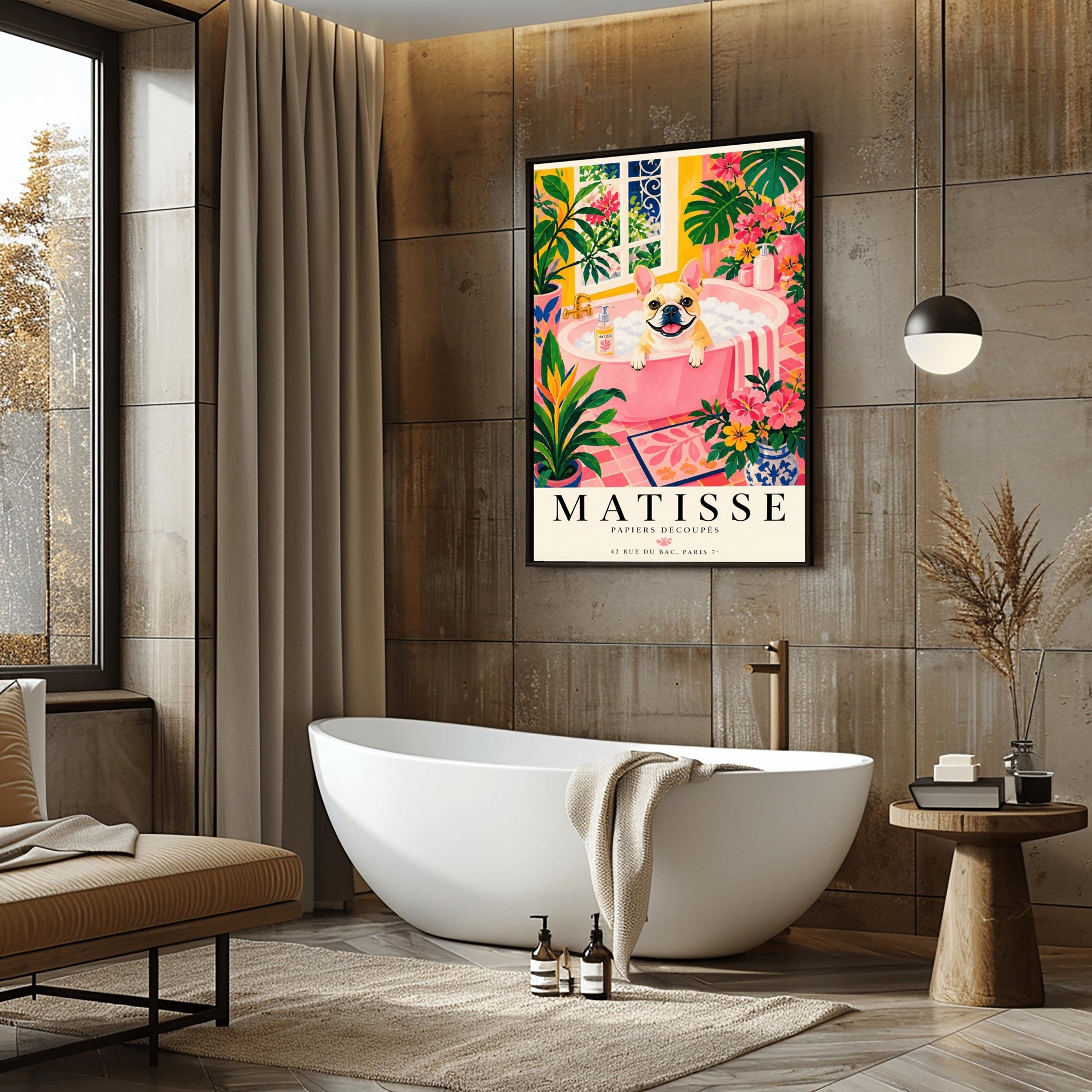A vertical maximalist art print styled as a Henri Matisse exhibition poster. A tan and white French Bulldog with a wide, happy smile sits in a pink bathtub filled with white bubbles. The bathroom is vibrant with pink tiled floors, yellow walls, and a large window looking out onto a garden. The scene is filled with tropical plants like Monstera and Birds of Paradise. Bold black text at the bottom reads "MATISSE PAPIERS DÉCOUPÉS" with a Paris gallery address.