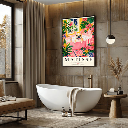 A vertical maximalist art print styled as a Henri Matisse exhibition poster. A tan and white French Bulldog with a wide, happy smile sits in a pink bathtub filled with white bubbles. The bathroom is vibrant with pink tiled floors, yellow walls, and a large window looking out onto a garden. The scene is filled with tropical plants like Monstera and Birds of Paradise. Bold black text at the bottom reads "MATISSE PAPIERS DÉCOUPÉS" with a Paris gallery address.