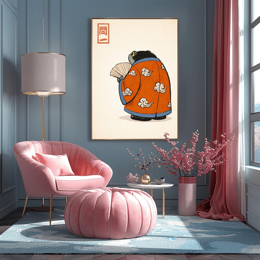 A vertical Japanese woodblock-style art print of a large, dark grey-black frog seen from behind. The frog is wearing an ornate burnt orange kimono decorated with white cloud motifs and blue piping. It holds a beige folding fan in its small hand. In the top left corner is a red rectangular stamp containing Japanese calligraphy. The entire image is set against a textured, pale cream background in a minimalist aesthetic.