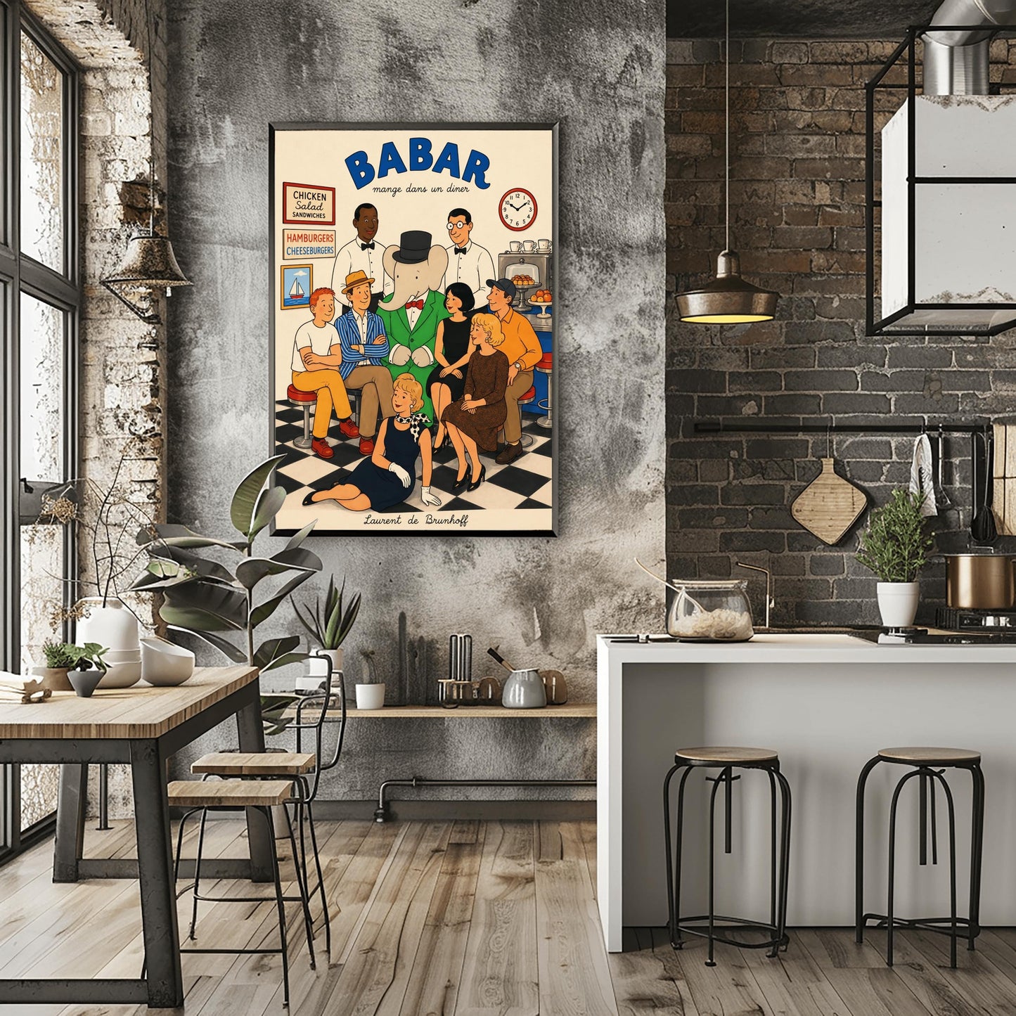 A retro 1950s-style illustration poster titled "BABAR mange dans un diner" in bold blue text at the top. The print features a close-up group portrait of characters inside a diner with a black-and-white checkered floor. In the center, the cartoon elephant King Babar wears his green suit and black top hat. He is surrounded by two smiling waiters in white shirts and bow ties, five patrons sitting closely on stools, and a blonde woman in a black dress and polka-dot scarf posing on the floor in front