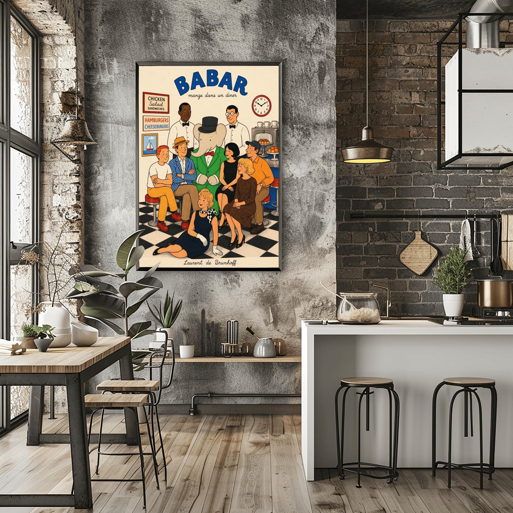 A retro 1950s-style illustration poster titled "BABAR mange dans un diner" in bold blue text at the top. The print features a close-up group portrait of characters inside a diner with a black-and-white checkered floor. In the center, the cartoon elephant King Babar wears his green suit and black top hat. He is surrounded by two smiling waiters in white shirts and bow ties, five patrons sitting closely on stools, and a blonde woman in a black dress and polka-dot scarf posing on the floor in front
