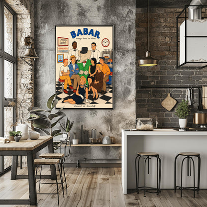 A retro 1950s-style illustration poster titled "BABAR mange dans un diner" in bold blue text at the top. The print features a close-up group portrait of characters inside a diner with a black-and-white checkered floor. In the center, the cartoon elephant King Babar wears his green suit and black top hat. He is surrounded by two smiling waiters in white shirts and bow ties, five patrons sitting closely on stools, and a blonde woman in a black dress and polka-dot scarf posing on the floor in front