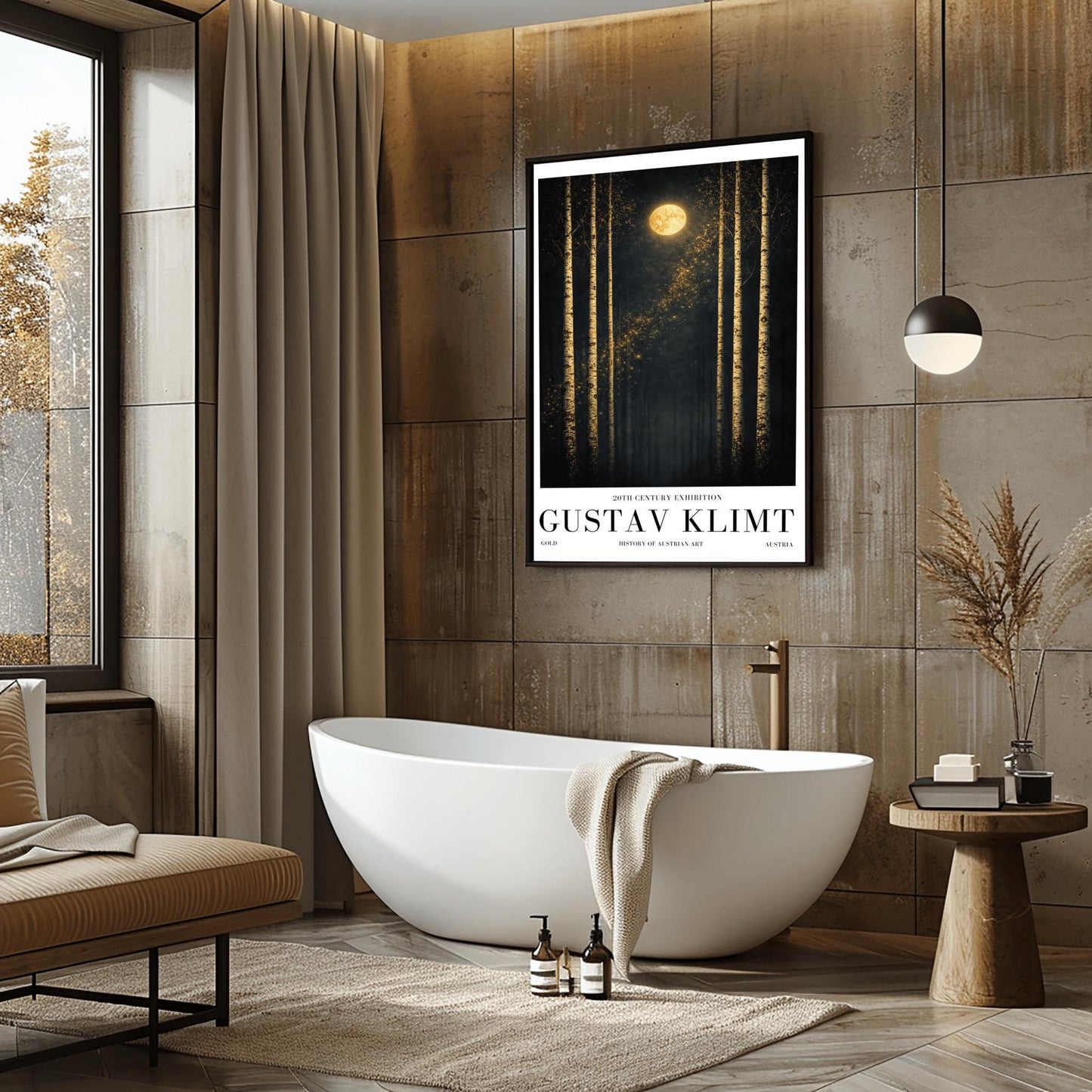 A vertical museum exhibition poster featuring six slender birch trees against a dark sky. A golden moon and a diagonal trail of stardust are centered at the top. Below the art, the text reads "20th Century Exhibition," "GUSTAV KLIMT," and "History of Austrian Art" in black serif font.