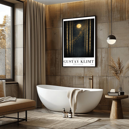 A vertical museum exhibition poster featuring six slender birch trees against a dark sky. A golden moon and a diagonal trail of stardust are centered at the top. Below the art, the text reads "20th Century Exhibition," "GUSTAV KLIMT," and "History of Austrian Art" in black serif font.