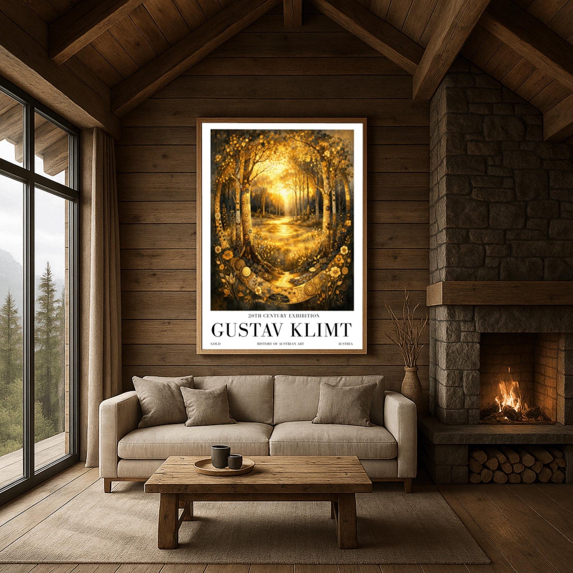 A vertical exhibition poster for Gustav Klimt featuring a golden forest. Two highly decorative trees with mosaic patterns frame a sunlit glade. A golden stream flows toward the viewer through shimmering flowers. Text at the bottom reads "Gustav Klimt, 20th Century Exhibition."