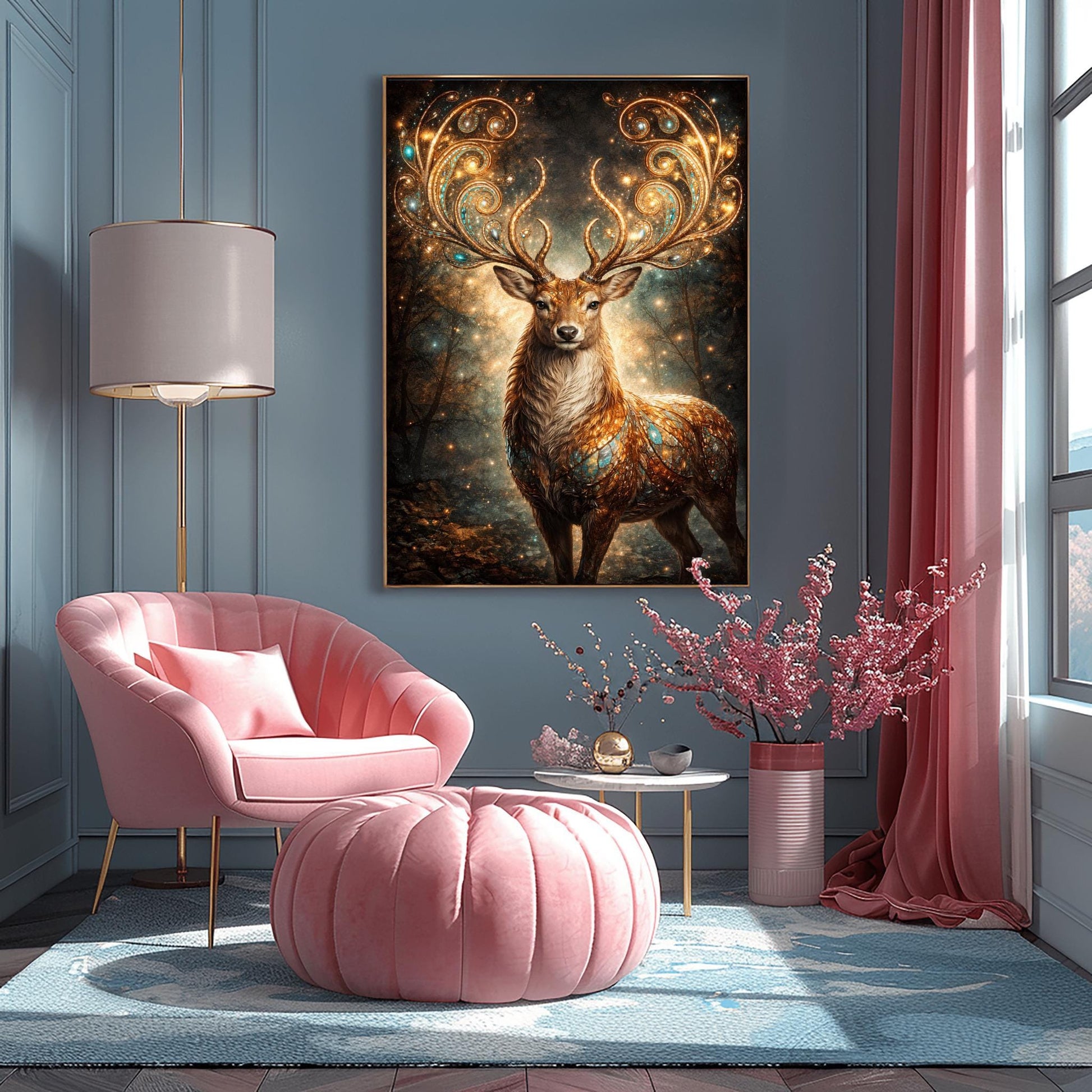 A vertical full-bleed illustration of a stag in the style of Gustav Klimt. The stag has massive, swirling golden antlers decorated with glowing gems. Its body is a mosaic of gold and turquoise. It stands in a misty, dark forest filled with golden sparks and floating embers.
