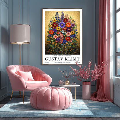 A vertical art print in the style of Gustav Klimt featuring a dense bouquet of colorful wildflowers. The flowers, including red, purple, and orange zinnias and tall blue delphiniums, are rendered as intricate mosaics with geometric patterns. The entire arrangement is set against a shimmering, gold-tiled background that glows with metallic light. The style is highly decorative, maximalist, and vibrant.