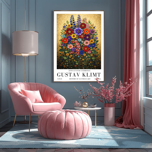 A vertical art print in the style of Gustav Klimt featuring a dense bouquet of colorful wildflowers. The flowers, including red, purple, and orange zinnias and tall blue delphiniums, are rendered as intricate mosaics with geometric patterns. The entire arrangement is set against a shimmering, gold-tiled background that glows with metallic light. The style is highly decorative, maximalist, and vibrant.