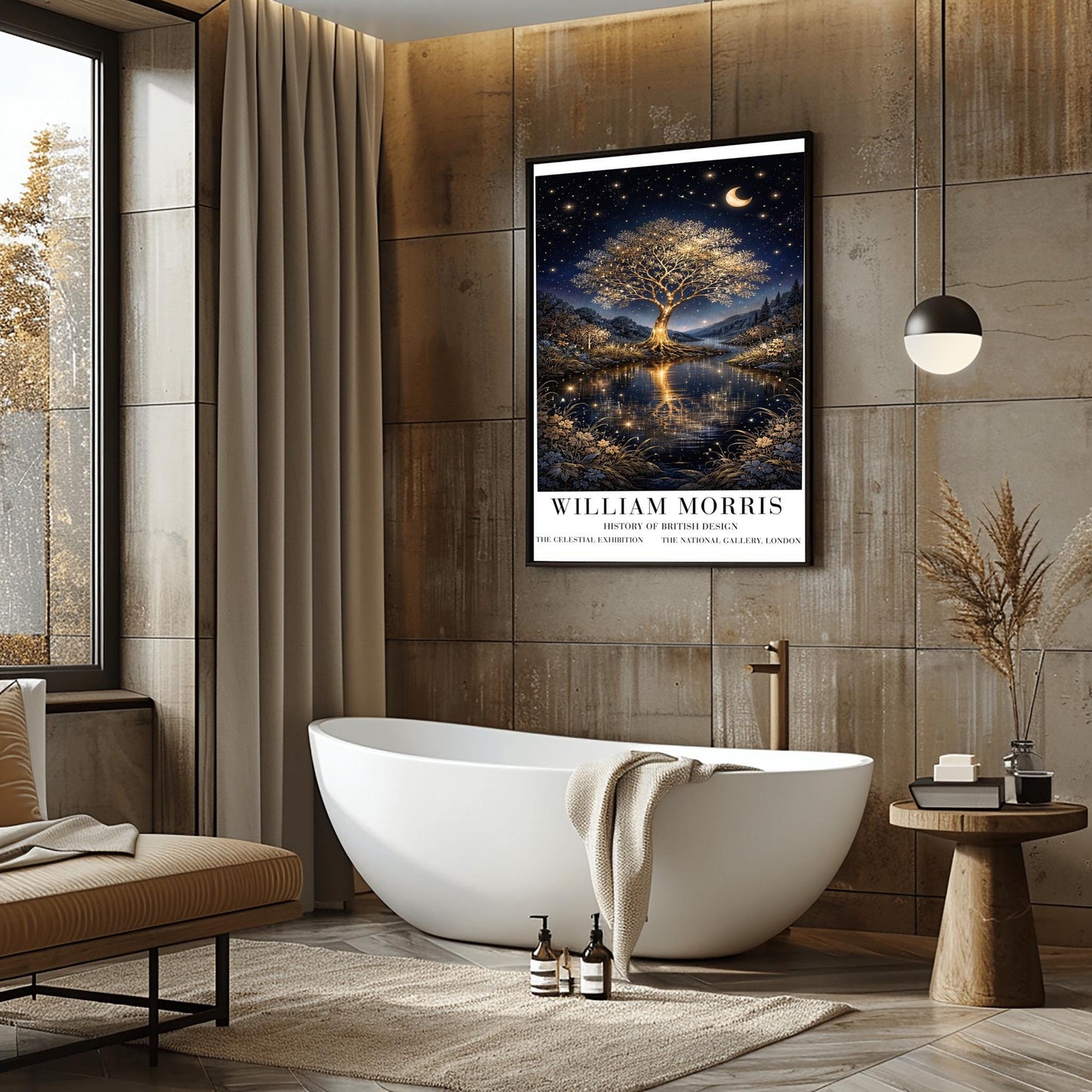 A vertical exhibition poster for "William Morris: History of British Design" at The National Gallery, London. The artwork features a large, glowing golden tree with intricate branches on a small island in the center of a river. The gold of the tree reflects vividly in the dark water below. A crescent moon and shooting star appear in a dark navy sky filled with many small stars. The scene is framed by golden wildflowers and dark hills. Bold black text at the bottom provides the exhibition details