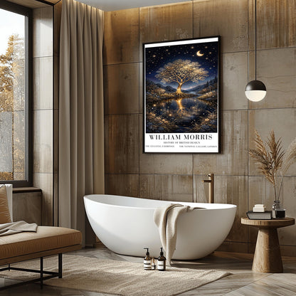 A vertical exhibition poster for "William Morris: History of British Design" at The National Gallery, London. The artwork features a large, glowing golden tree with intricate branches on a small island in the center of a river. The gold of the tree reflects vividly in the dark water below. A crescent moon and shooting star appear in a dark navy sky filled with many small stars. The scene is framed by golden wildflowers and dark hills. Bold black text at the bottom provides the exhibition details