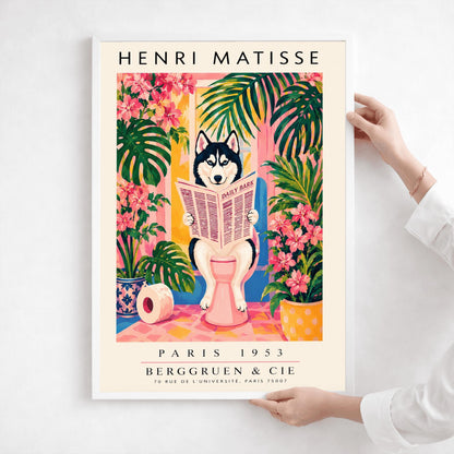 A vertical vintage-style art exhibition poster titled "HENRI MATISSE" at the top and "PARIS 1953 BERGGRUEN & CIE" at the bottom,. The center illustration shows a black-and-white Siberian Husky with blue eyes sitting on a pink toilet in a bright pink and yellow bathroom, reading a newspaper titled "DAILY BARK". The scene is framed by large green tropical leaves, bright pink flowers, a blue-and-white patterned planter, and a roll of toilet paper on the floor.