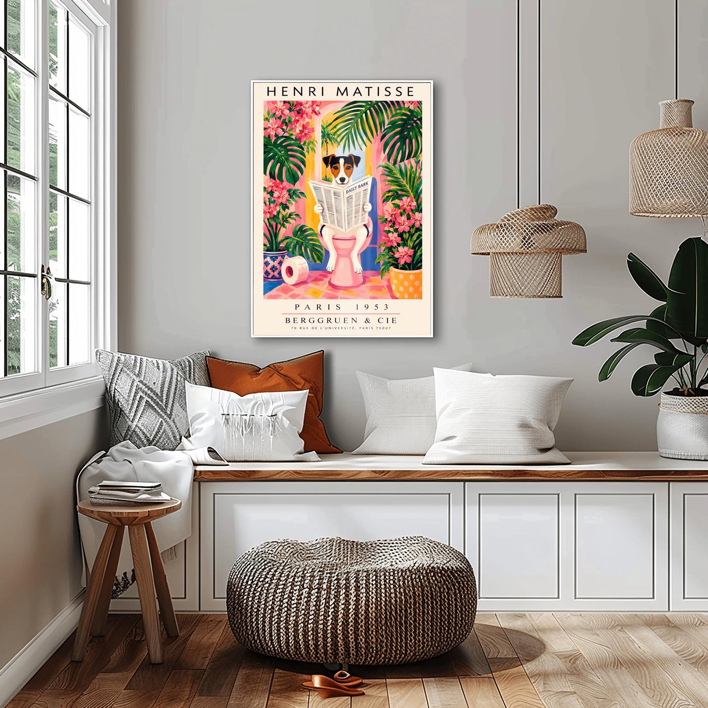 A vertical vintage-style art exhibition poster titled "HENRI MATISSE" at the top and "PARIS 1953 BERGGRUEN & CIE" at the bottom. The center illustration shows a tri-color Jack Russell Terrier dog sitting on a pink toilet inside a bright pink and yellow bathroom, reading a newspaper titled "DAILY BARK". The background features an open arch window with a tropical palm tree, large green leaves, bright pink flowers, and a roll of toilet paper on the floor.