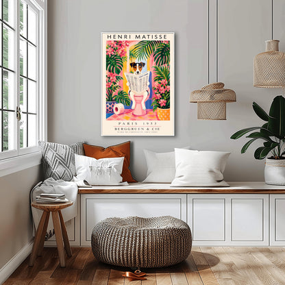 A vertical vintage-style art exhibition poster titled "HENRI MATISSE" at the top and "PARIS 1953 BERGGRUEN & CIE" at the bottom. The center illustration shows a tri-color Jack Russell Terrier dog sitting on a pink toilet inside a bright pink and yellow bathroom, reading a newspaper titled "DAILY BARK". The background features an open arch window with a tropical palm tree, large green leaves, bright pink flowers, and a roll of toilet paper on the floor.