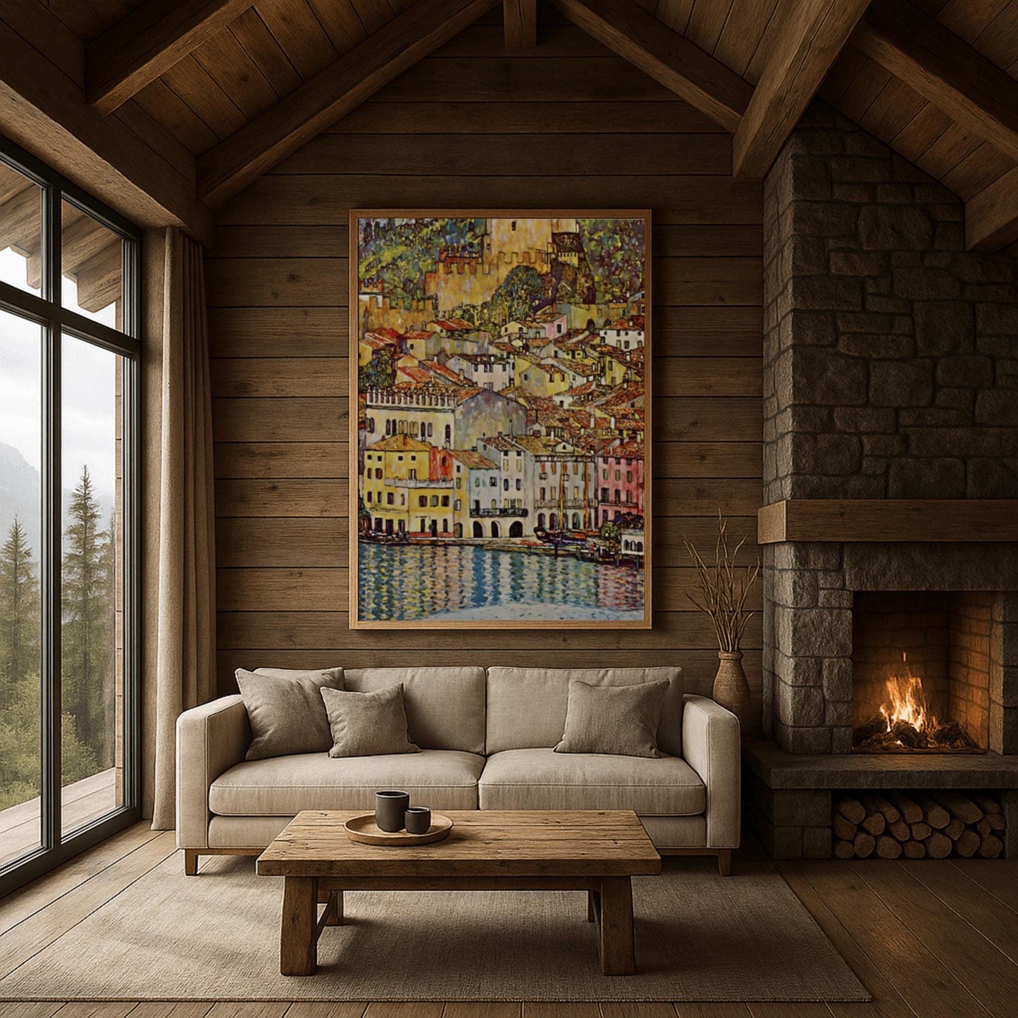 A vertical fine art reproduction of Gustav Klimt's "Malcesine on Lake Garda." The painting depicts a dense Italian village of colorful houses with red-tiled roofs nestled along a lake. A medieval castle stands on a hill above the town. The water in the foreground features vibrant blue and gold reflections. The style is a decorative, mosaic-like landscape typical of Klimt's later works.