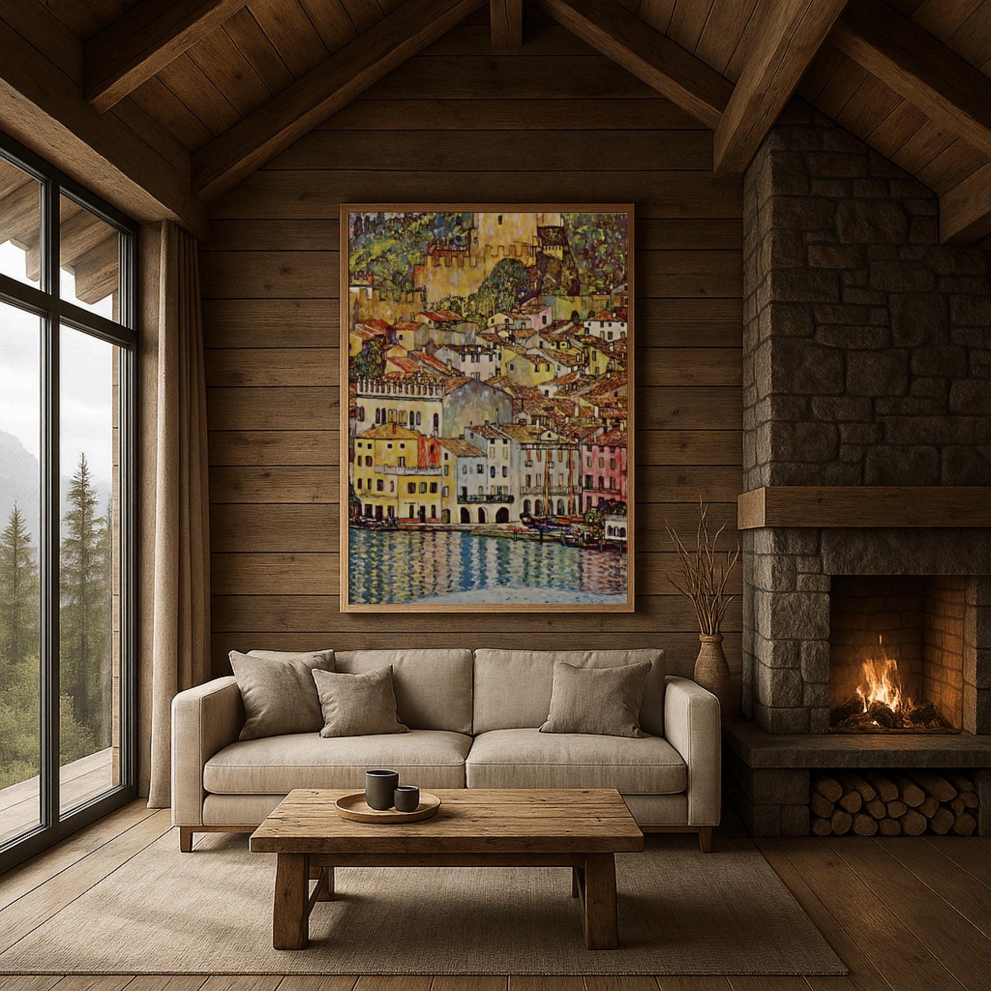 A vertical fine art reproduction of Gustav Klimt's "Malcesine on Lake Garda." The painting depicts a dense Italian village of colorful houses with red-tiled roofs nestled along a lake. A medieval castle stands on a hill above the town. The water in the foreground features vibrant blue and gold reflections. The style is a decorative, mosaic-like landscape typical of Klimt's later works.